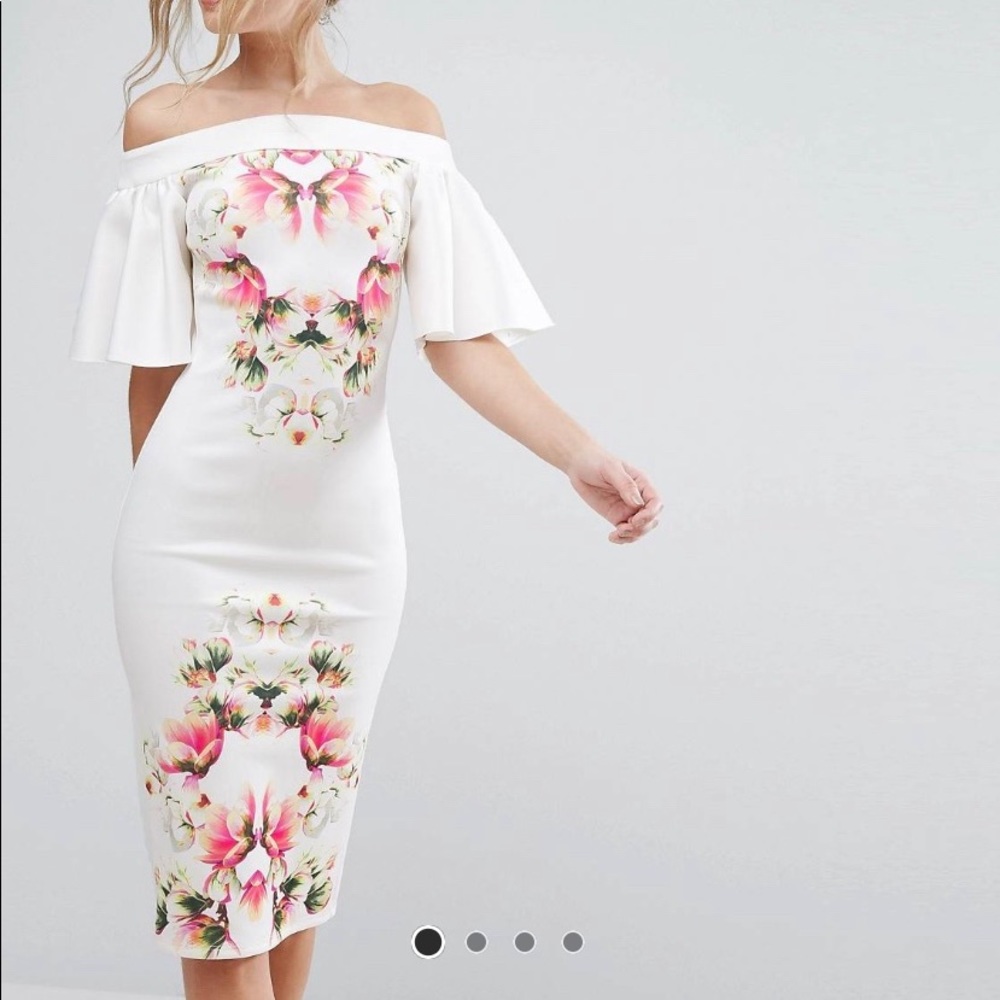 True Violet Off Shoulder Pencil Dress Frill Sleeve